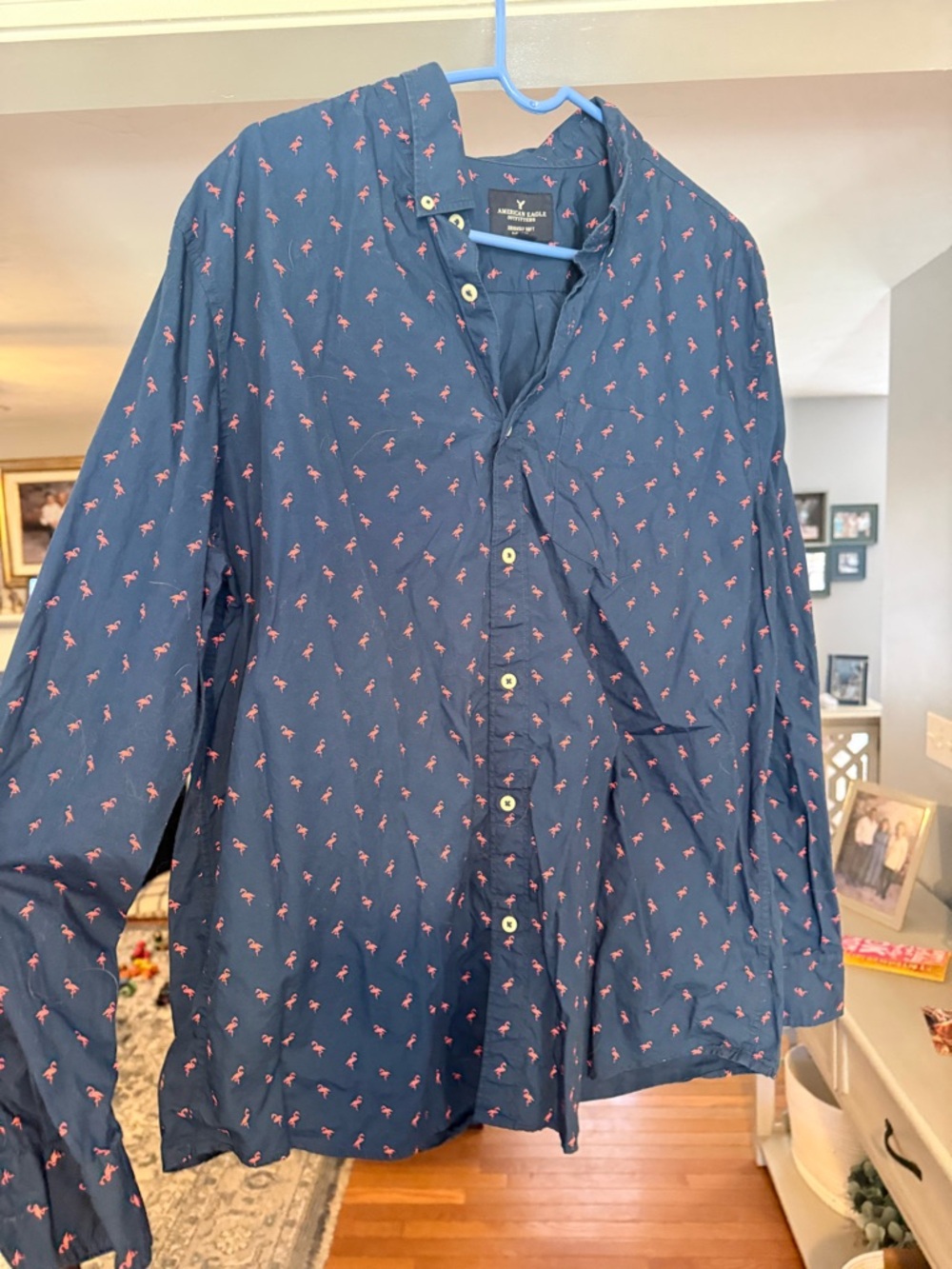 American Eagle Outfitters Navy Button-Down Shirt with Pink Flamingo Print